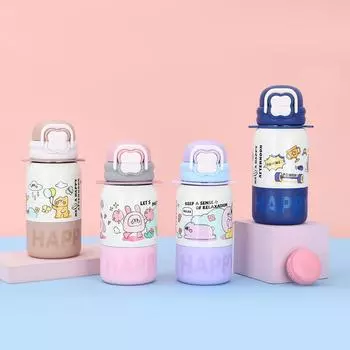 Новая детская термокружка из нержавеющей стали с мультяшным милым рисунком, три чашки для питья, переносная чашка с трубочкой 500ml