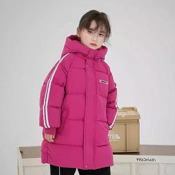Новая детская зимняя теплая средней длины легкая модная универсальная утолщенная теплая хлопковая куртка с капюшоном 110cm розы красного