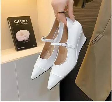 Новая дизайнерская обувь серебристого цвета с острым носком, на высоком каблуке-клине, туфли-лодочки Мэри Джейн с ремешком, формальная обувь, обувь для подиума 35