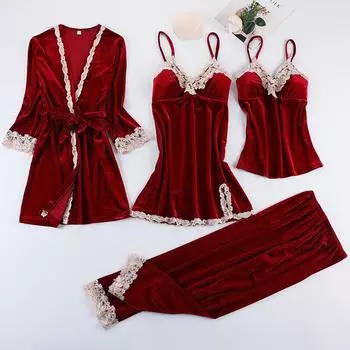 Новая домашняя одежда бархатная пижама пижама комплект из 4 предметов женская пижама сексуальная кружевная пижама пижамный комплект свободная домашняя одежда M