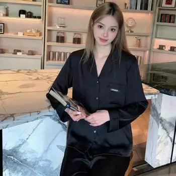 Новая домашняя одежда на все четыре сезона, пижама с длинными рукавами и длинными штанами, комплект домашней одежды из двух предметов M чёрный