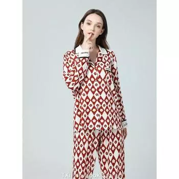 Новая домашняя одежда, женская пижама с длинными рукавами из шелка Ice Silk, красные и белые ромбы, пять лепестков M