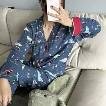 Новая домашняя одежда женская весна-осень хлопковая пижама с длинным рукавом с цветочным принтом женская домашняя одежда из 2 предметов с рисунком кота XS