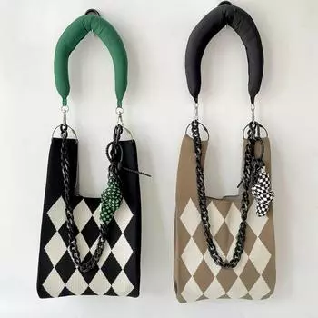 Новая дорожная сумка-тоут, плетеная вязаная сумка, ромбовидная клетчатая черно-белая простая сумка-тоут, классическая женская сумка через плечо