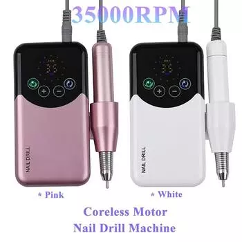 Новая дрель-машинка с бесколлекторным двигателем 35000 об/мин, аккумуляторная электрическая пилка для ногтей с акриловым гелем, маникюр, педикюр, наборы для полировки белый