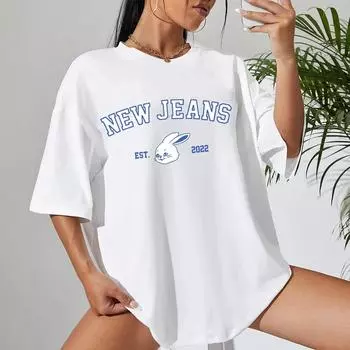 Новая джинсовая футболка Bunny Merch для мужчин и женщин с изображением кролика Kawaii, винтажная футболка с круглым вырезом и коротким рукавом, напечатанная ткань S