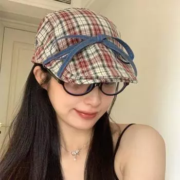 Новая джинсовая клетчатая шляпа с бантом спереди, модная маленькая универсальная шляпа уличного художника-газетчика