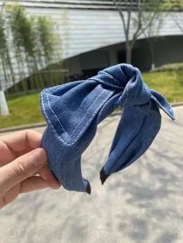 Новая джинсовая повязка на голову с бантом, ретро повязка на голову из прессованной ткани, женский простой широкополый аксессуар для волос