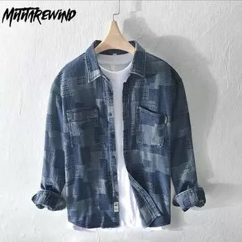 Новая джинсовая рубашка с длинным рукавом, мужская уличная одежда, трендовые джинсовые мужские топы, жаккардовые рубашки в клетку контрастного цвета, молодежная мужская одежда, повседневная свободная рубашка 4XL M синий