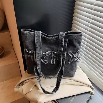 Новая джинсовая сумка женская ретро выстиранная джинсовая с надписью повседневная сумка-мессенджер модная студенческая сумка-тоут на плечо чёрный