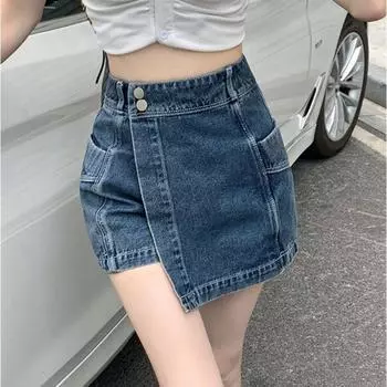 Новая джинсовая юбка в стиле ретро, женская летняя модная повседневная юбка трапециевидной формы с высокой талией, американские тонкие элегантные женские шорты хакама Y2K XL чёрный