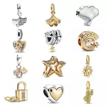 Новая Европа S925 Серебро Сияющие Звезды Сердце Замок Подвески Лист Гинкго Висячие Бусины Подходит Оригинальный Браслет Женский Подвеска Подарок