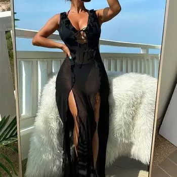 Новая европейская и американская длинная юбка пляжная одежда бикини на бретельках солнцезащитный сетчатый купальник из трех частей для женщин S чёрный