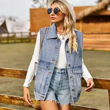 Новая европейская и американская тенденция джинсовой моды: джинсовая куртка без рукавов S синий