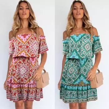 Новая европейская и американская женская одежда, модное богемное платье с короткими рукавами и открытыми плечами с принтом S