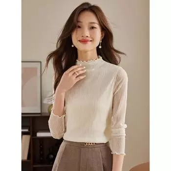 Новая фактурная кружевная нижняя рубашка женская весна 2025 года новая кружевная полуводолазка внутренняя длинная футболка с рукавами S