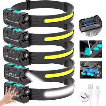 Новая фара с датчиком COB, светодиодный налобный фонарь Type-C, зарядный фонарик для рыбацкой головы с дисплеем мощности, прожектор для кемпинга, налобный фонарь