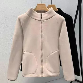 Новая флисовая толстовка на молнии без шапки для женщин на осень и зиму, свободный повседневный теплый топ, куртка молочно-абрикосового цвета L