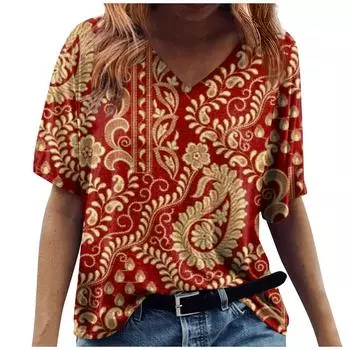 Новая французская женская футболка с v-образным вырезом и контрастным v-образным вырезом для отдыха, цветочный принт, весна-лето 2023, облегающая женская футболка с короткими рукавами L