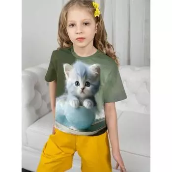 Новая футболка для девочек с принтом 3D котенка, круглый вырез, короткий рукав 110