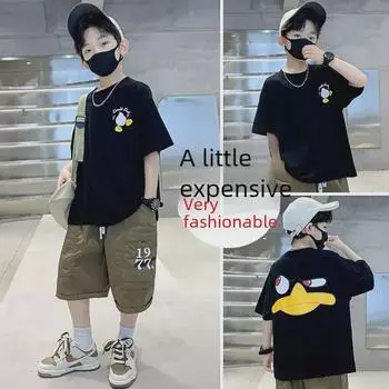 Новая футболка для мальчиков 2023 года из чистого хлопка с коротким рукавом и синим принтом 130