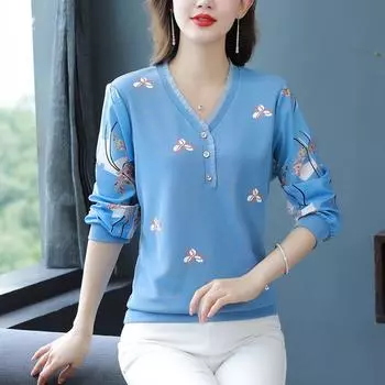 Новая футболка для мамы, весенне-осенняя модная нижняя рубашка с длинными рукавами, женский топ с v-образным вырезом и принтом, M-4XL 4XL жёлтый