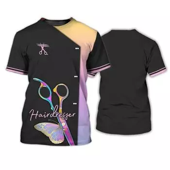 Новая футболка для парикмахерской, женская футболка с 3D принтом, рабочая одежда с короткими рукавами, топы, женская одежда больших размеров S