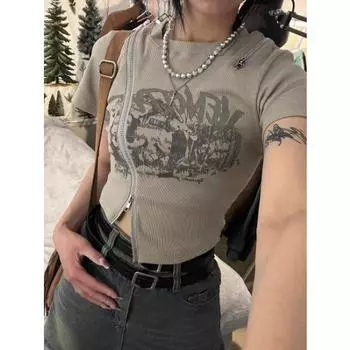 Новая футболка из чистого хлопка с застежкой-молнией и нерегулярными плечами в американском стиле ретро с короткими рукавами и тонким топом Sense Slim Fit S серый