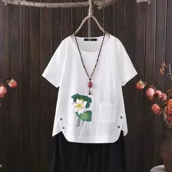 Новая футболка из хлопка и конопли с V-образным вырезом и принтом лотоса для женщин - Лето 2025 г. Европейский и американский стиль S белый