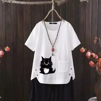 Новая футболка из хлопка и конопли с V-образным вырезом и принтом кошки для женщин - 2025 Летняя базовая модель S белый