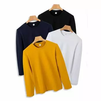 Новая футболка из хлопка и спандекса 265 г, с длинным рукавом, однотонная белая футболка с круглым вырезом спереди, мужская футболка из хлопка Синьцзян S