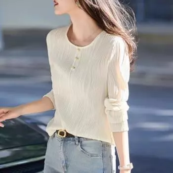 Новая футболка, осенний свитер с круглым вырезом, нежный и универсальный тонкий фактурный топ S бежевый