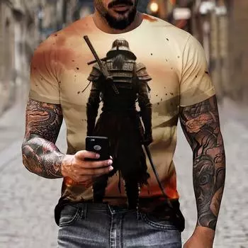 Новая футболка с 3D принтом воина, повседневная спортивная футболка с короткими рукавами, свободный высококачественный летний мужской уличный топ с круглым вырезом 5XL