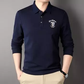 Новая футболка с длинными рукавами для мужчин, осенняя облегающая рубашка в корейском стиле, рубашка поло с вышивкой на лацканах M