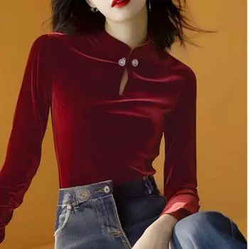 Новая футболка с длинными рукавами в китайском стиле для женщин на весну, бархатный ажурный пуловер в китайском стиле, базовый топ S