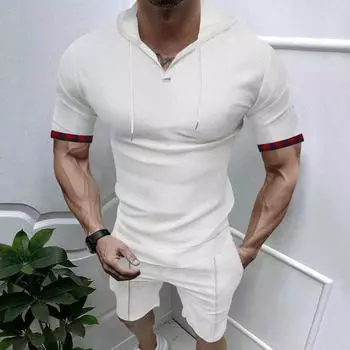 Новая футболка с капюшоном и вафельной тканью, мужской спортивный повседневный комплект с коротким рукавом и шортами S белый