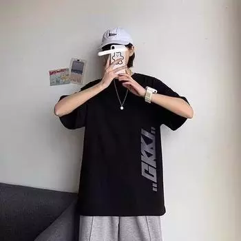 Новая футболка с коротким рукавом, мужская летняя футболка в корейском стиле, модный простой топ с коротким рукавом, свободная повседневная футболка в гонконгском стиле M белый