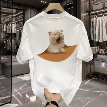 Новая футболка с коротким рукавом, мужская летняя модная футболка с принтом котенка, простой топ, свободный повседневный модный бренд S чёрный