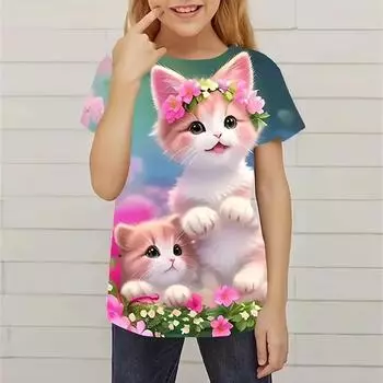 Новая футболка с короткими рукавами и 3D принтом «Садовые кошки» для девочек, модные новые футболки для детей, веселая повседневная футболка для вечеринок, топы для девочек, одежда