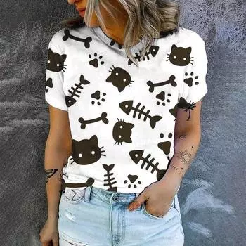 Новая футболка с круглым вырезом и принтом мультяшного кота, модная свободная удобная высококачественная футболка 2024 года, летняя повседневная женская футболка S
