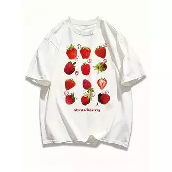 новая футболка с круглым вырезом и принтом клубники, летняя повседневная футболка с короткими рукавами, летняя дышащая футболка, женская одежда XXXL