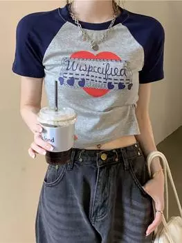 Новая футболка с круглым вырезом, модная майка с принтом, укороченные топы, женские майки, летняя повседневная женская футболка, универсальная футболка с короткими рукавами M серый