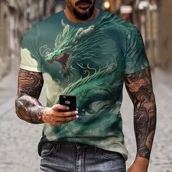 Новая футболка с круглым вырезом, мужская крутая футболка с 3d принтом дракона, из полиэстера, в китайском стиле, с короткими рукавами, модный праздничный универсальный топ S