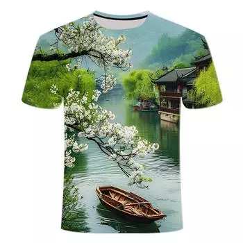 Новая футболка с круглым вырезом с 3D-принтом для лета 2024 года, популярная для похудения, туманный дождь, мужская серия Jiangnan с короткими рукавами XS