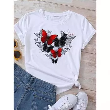 Новая футболка с принтом бабочек и воздушных шаров, модные белые футболки с рисунком в стиле Харадзюку, повседневные женские топы с короткими рукавами Y2k, женская одежда S