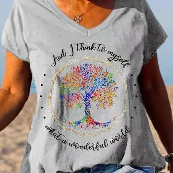Новая футболка с принтом дерева и буквами для женщин, топ больших размеров, лето 2024, футболки, женская трендовая одежда, рубашка с короткими рукавами, блузка с v-образным вырезом S