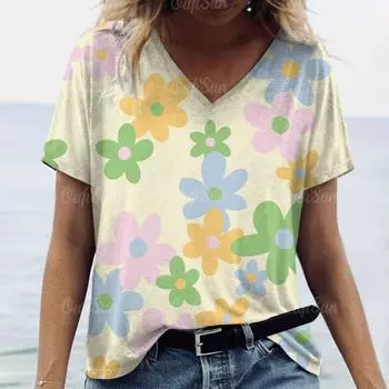 Новая футболка с принтом, летняя повседневная футболка с V-образным вырезом и короткими рукавами, женская свободная уличная мода, повседневная одежда, топ S