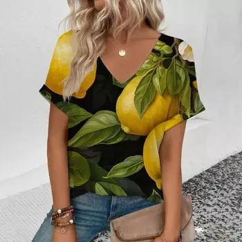Новая футболка с v-образным вырезом и 3d цветочным принтом, женская футболка, летние модные топы с короткими рукавами, летний топ большого размера, женская одежда S