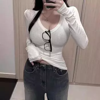 Новая футболка с V-образным вырезом и длинным рукавом, женская мода, однотонные базовые облегающие футболки, женские повседневные простые футболки, базовая одежда 2834 One size белый
