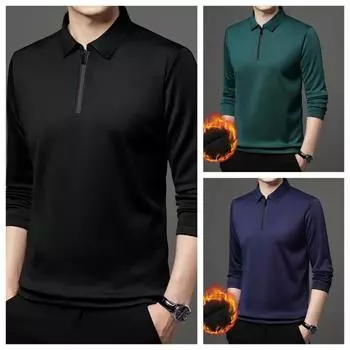 Новая футболка с застежкой-молнией, рубашка поло, мужская мода, отложной воротник, длинный рукав, деловая мужская одежда M чёрный